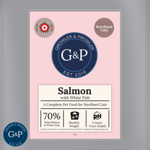 Packaging of Growler and Prowler's salmon with white fish cat food, showcasing natural ingredients and Manchester-based branding from their dog treats range.