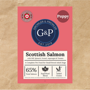 A bag of Superfood Puppy Scottish Salmon dog food from Growler and Prowler, featuring 65% Scottish salmon and a variety of fresh vegetables.