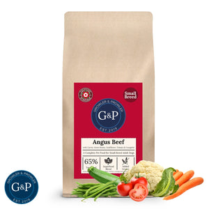 A high-quality dog food specifically formulated for small breeds, featuring Angus beef, carrots, green beans, cauliflower, tomato, and other natural ingredients. Available at Growler & Prowler based in Manchester.