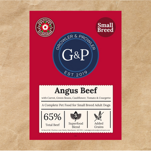 A high-quality dog food specifically formulated for small breeds, featuring Angus beef, carrots, green beans, cauliflower, tomato, and other natural ingredients. Available at Growler & Prowler Manchester.
