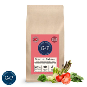 A healthy and balanced meal for small breed dogs from Growler and Prowler, packed with essential nutrients and made with real Scottish salmon. The bag shows the ingredients, the brand logo, and the "Superfood Small Breed Dog" label.
