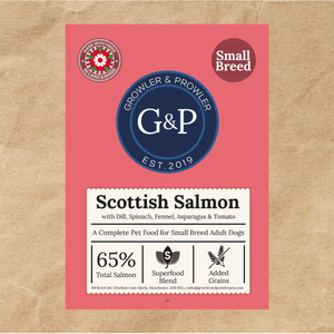 A healthy and balanced meal for small breed dogs from Growler and Prowler, packed with essential nutrients and made with real Scottish salmon. The bag shows the ingredients, the brand logo, and the "Superfood Small Breed Dog" label.