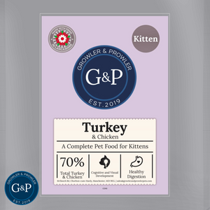 Growler and Prowler Turkey and Chicken Kitten Food packaging. The package is from Growler and Prowler, a Manchester-based company known for producing natural dog treats and pet food.
