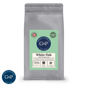 Packaging of Growler and Prowler's White Fish with Herring Caviar cat food. The natural cat treat, produced by a Manchester-based company, features white fish and herring caviar as key ingredients, promoting healthy nutrition for pets.