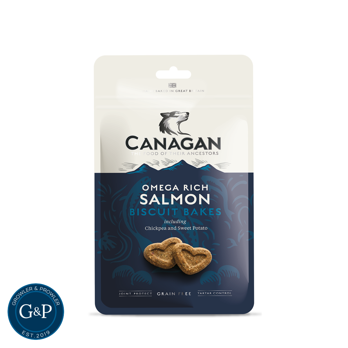 A bag of Canagan Omega-Rich Salmon Biscuit Bakes, a premium dog treat made with fresh salmon and other natural ingredients. Available at Growler & Prowler Manchester.