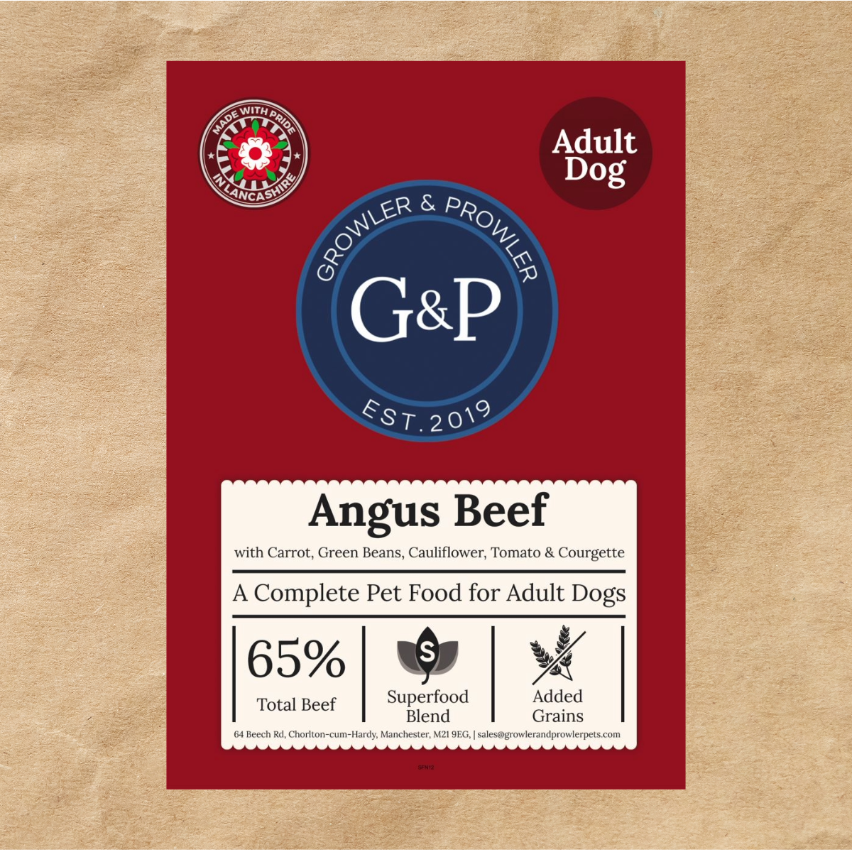 A high-quality dog food specifically formulated for small breeds, featuring Angus beef, carrots, green beans, cauliflower, tomato, and other natural ingredients. Available at Growler & Prowler based in Manchester.