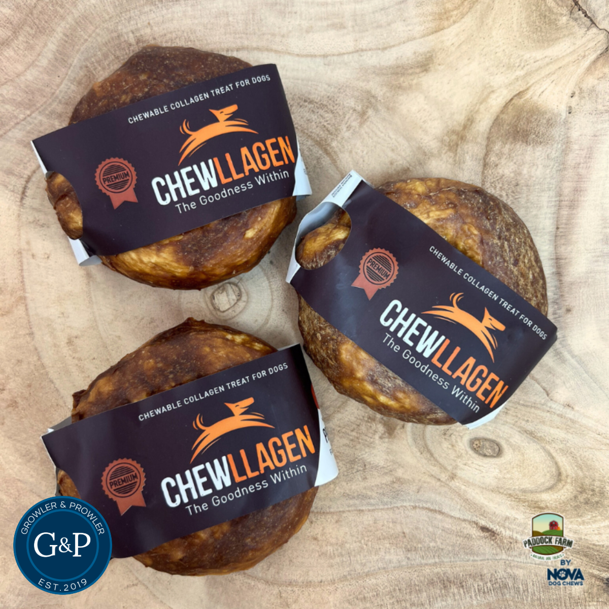 Three brown, chewable collagen donuts for dogs. The donuts are made with proper beef and are fully digestible. The packaging says 'Chewllagen' and 'The Goodness Within.'