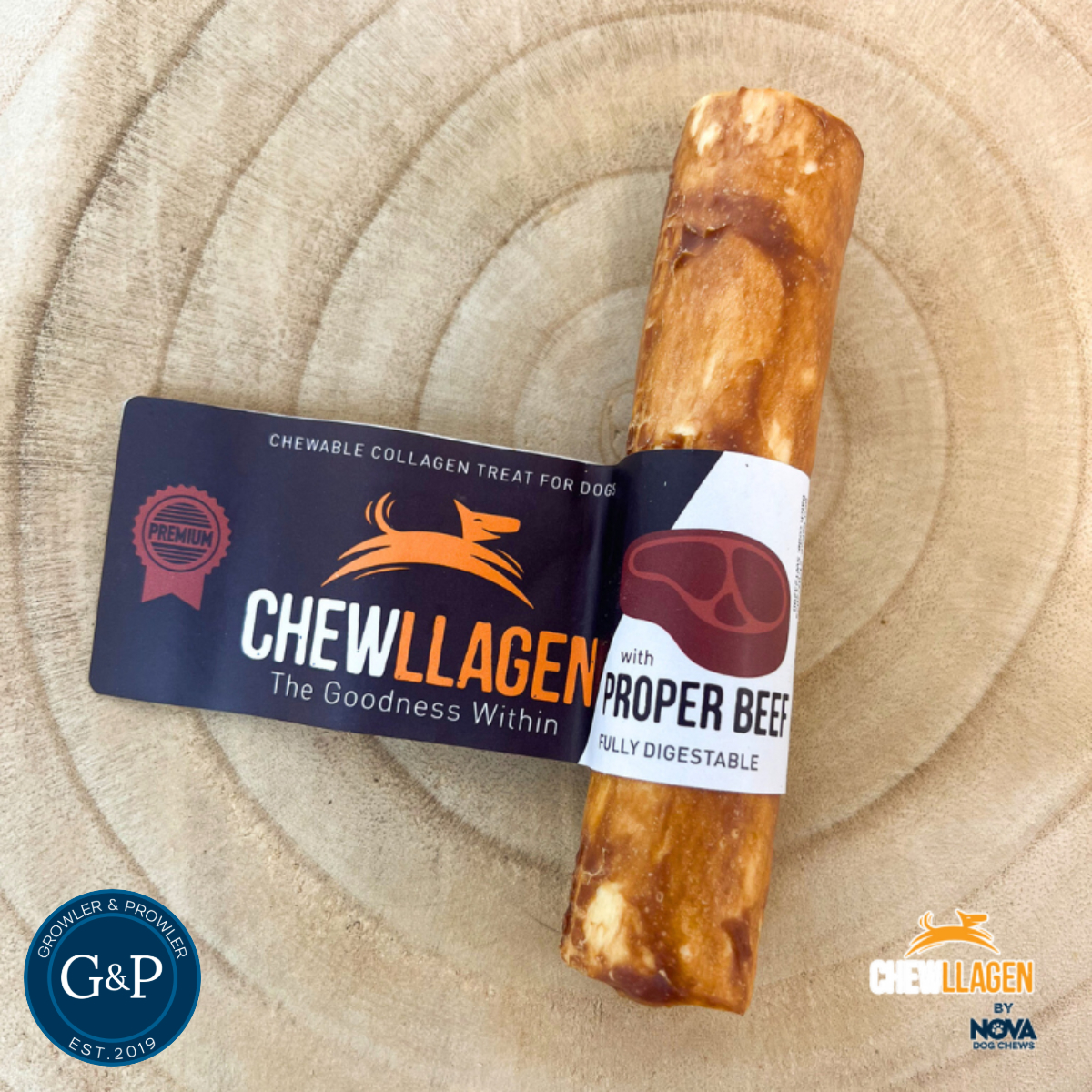 A brown, chewable collagen stick for dogs. The stick is made with proper beef and is fully digestible. The packaging says 'Chewllagen' and 'The Goodness Within