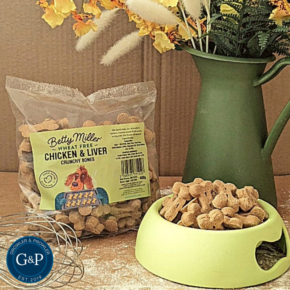 Betty Miller Wheat-Free Chicken & Liver Bones dog treats available in growler and prowler in manchester