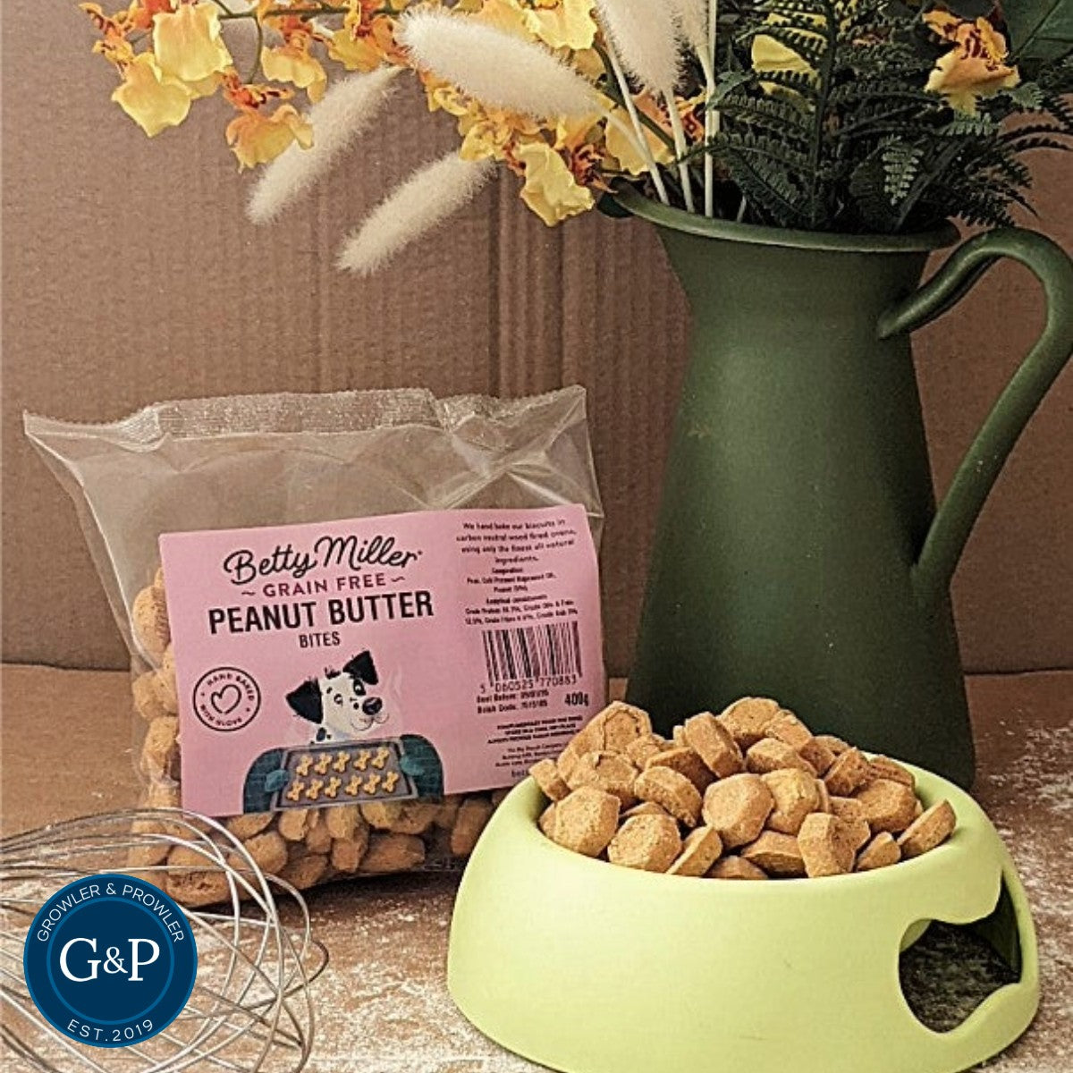Betty Miller Grain-Free Peanut Butter Bites dog biscuit treats available at growler and prowler pets manchester.