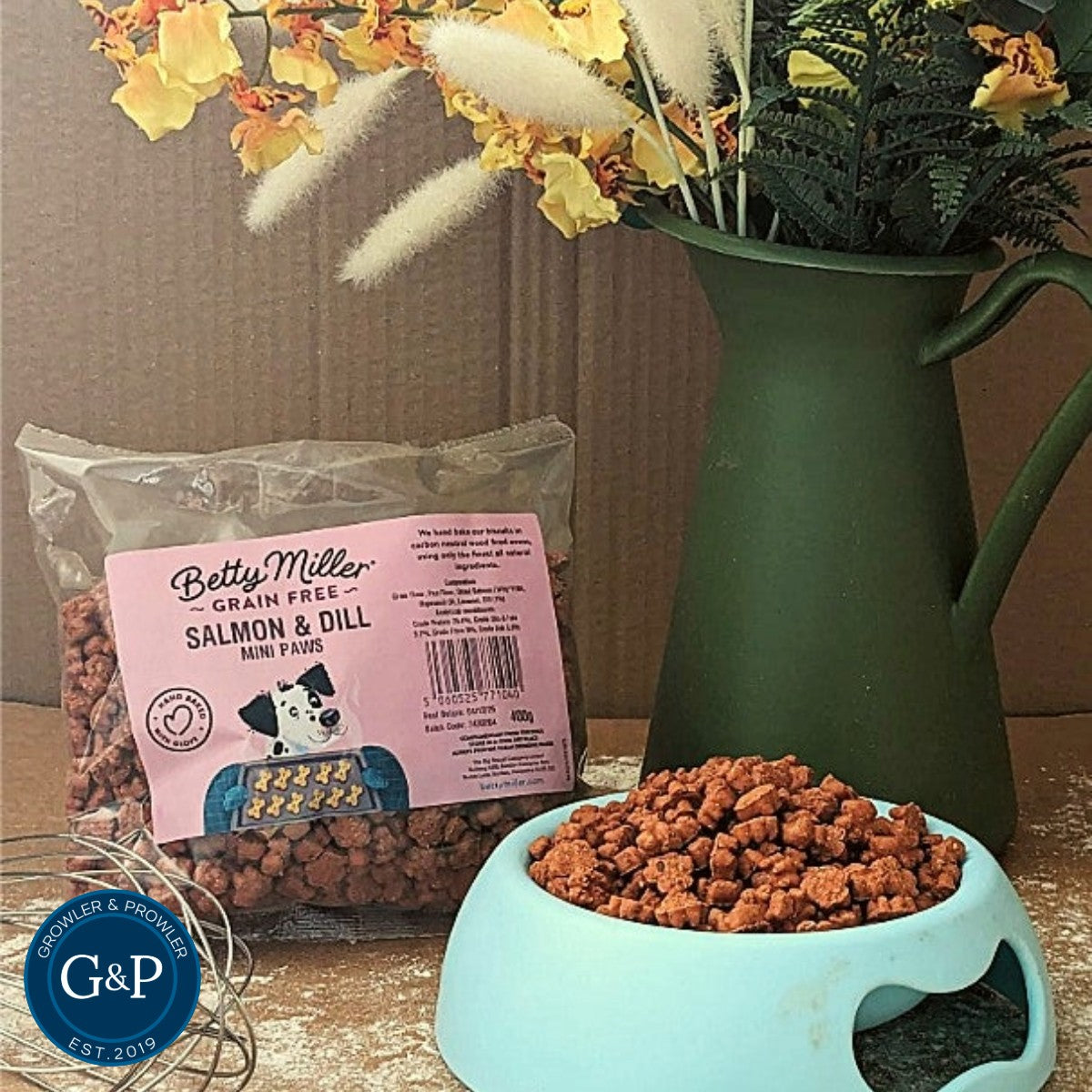 Betty Miller Grain-Free Salmon & Dill Mini-Paws dog treat biscuits available in growler and prowler pets in manchester.