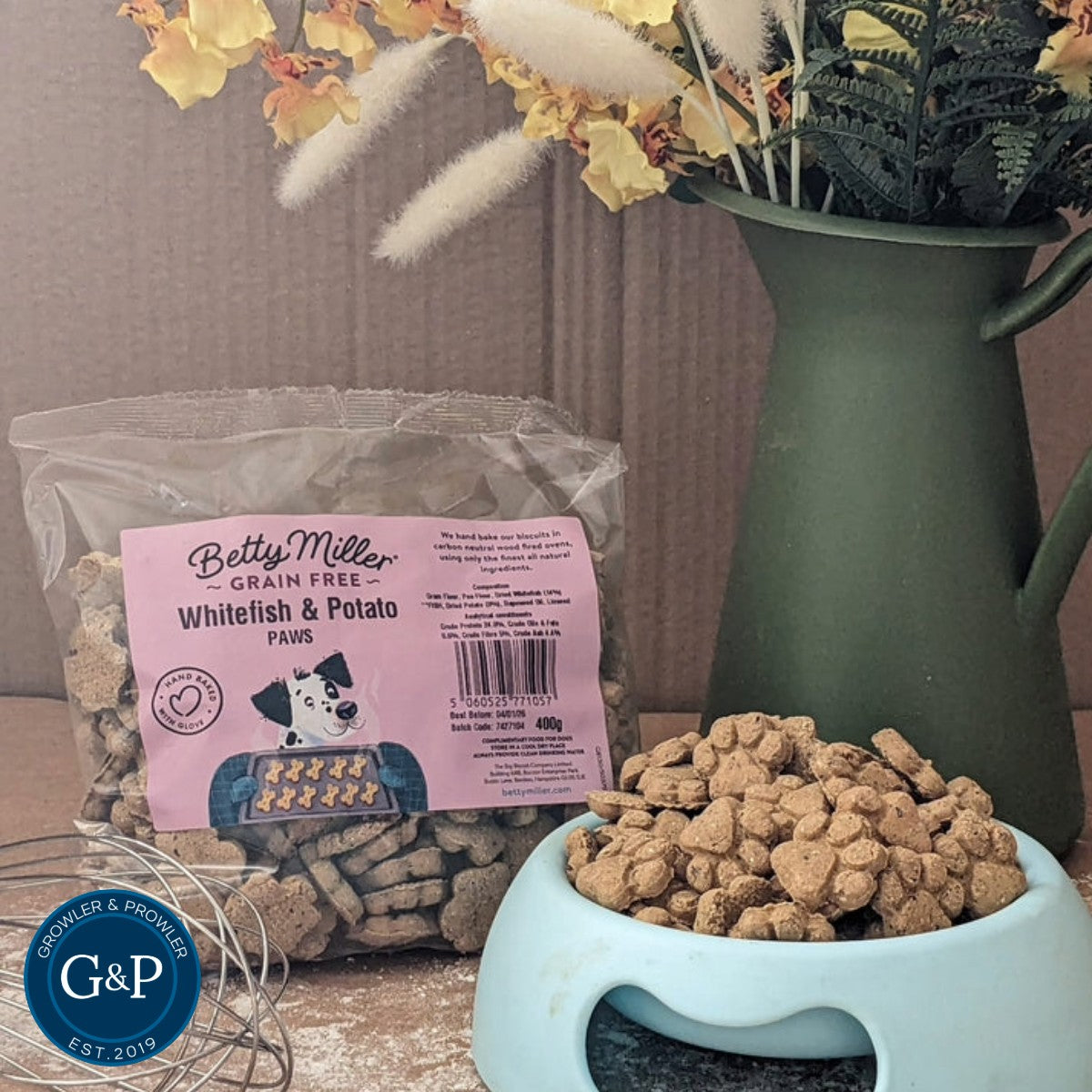 Betty Miller Grain-Free Whitefish & Potato Paws dog biscuit treats available at growler and prowler pets in Manchester