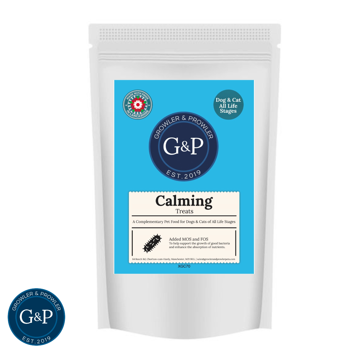 A white pouch of calming functional treats for dogs and cats from Growler & Prowler. The pouch features a blue label with the company logo and information about the treats, including added MOS and FOS to support gut health.