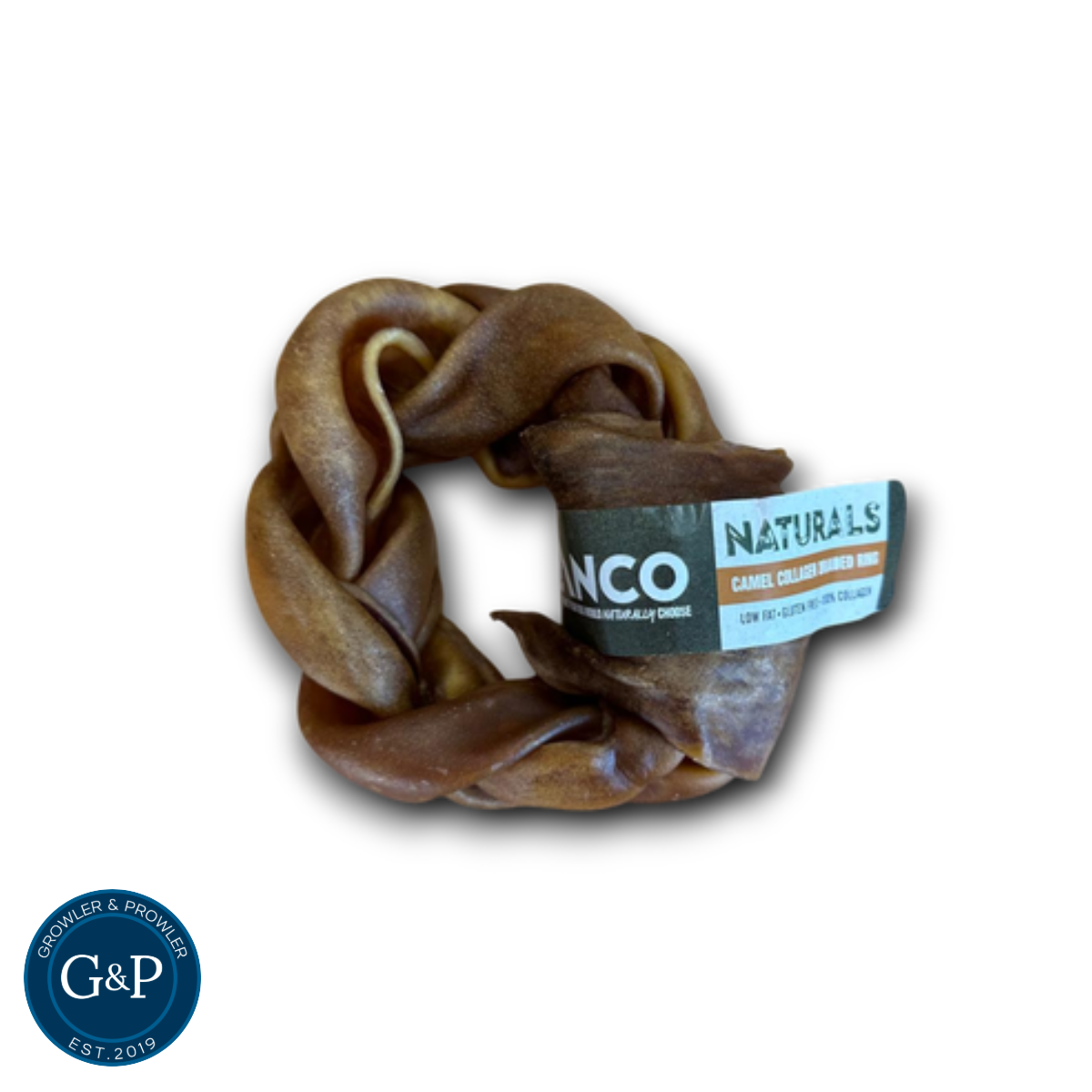 Camel Collagen Braided Ring Dog Chew that is a great robust tough treat for dogs available in  Manchester at Growler and Prowler Pets