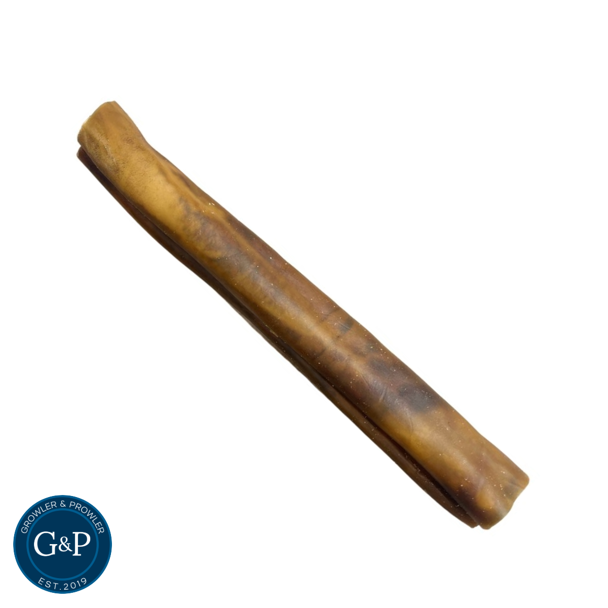 A long, brown camel skin roll dog chew from Growler & Prowler.