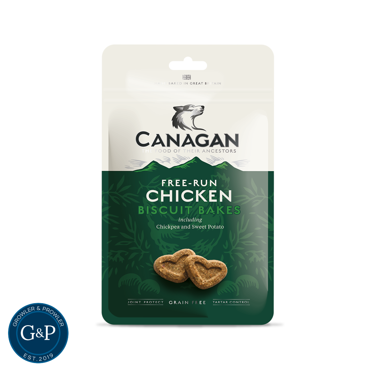 Canagan Chicken Biscuit Bakes displayed at Growler and Prowler, a natural dog treats company based in Manchester. The packaging features a colourful design with a picture of chicken biscuits.