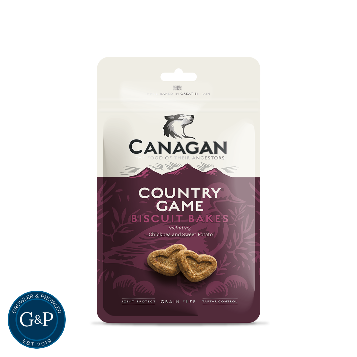 Canagan Country Game Biscuit Bakes natural dog treats with chickpea and sweet potato, available at Growler and Prowler, a Manchester-based company specialising in healthy, grain-free snacks for dogs.