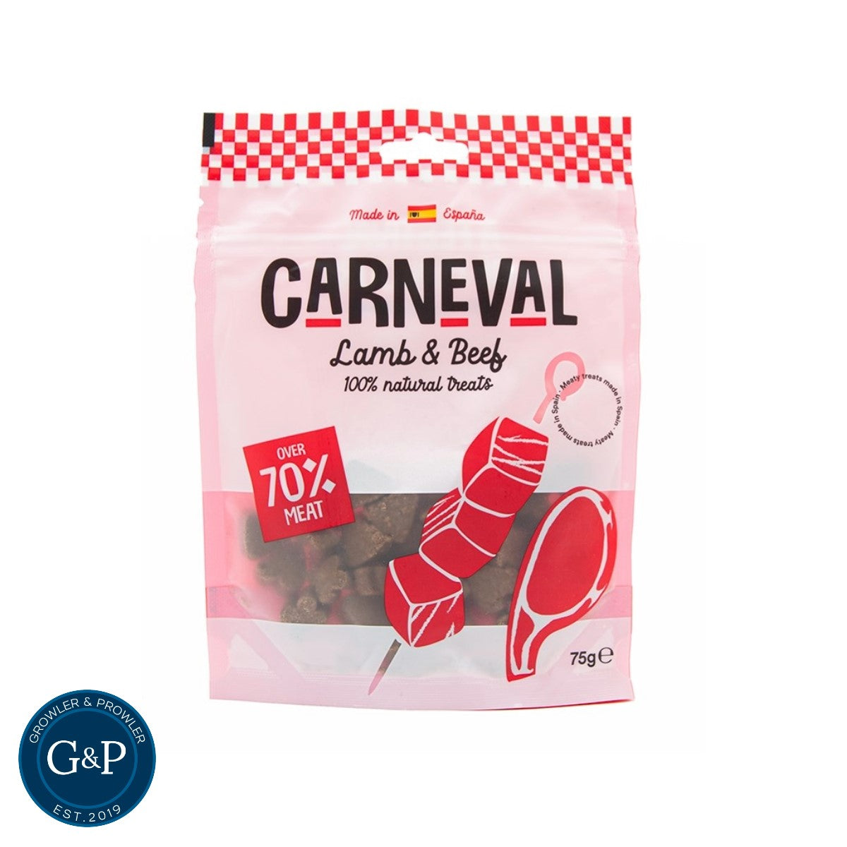 A pink and red packet of Carneval Lamb & Beef dog treats. The treats are made in Spain and contain over 70% meat. The packet is 75g and has a picture of a lamb and beef steak on it.