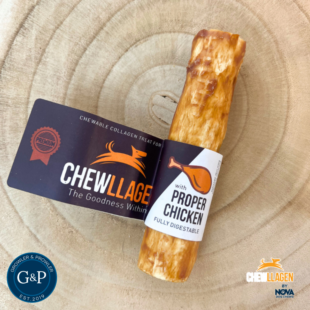 Chewllagen Chicken Roll: A premium, chewy collagen treat for dogs. Made with proper chicken and fully digestible ingredients. A healthy and tasty way to support your dog's joint health.