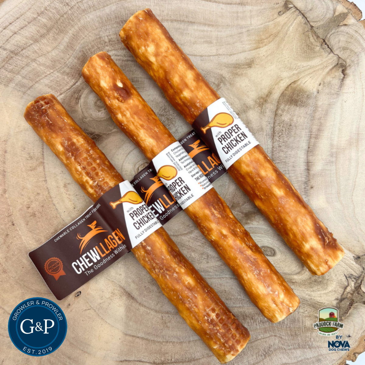 Chicken collagen 10 inch stick dog treat chew available in Manchester at Prowler and Prowler Pets.