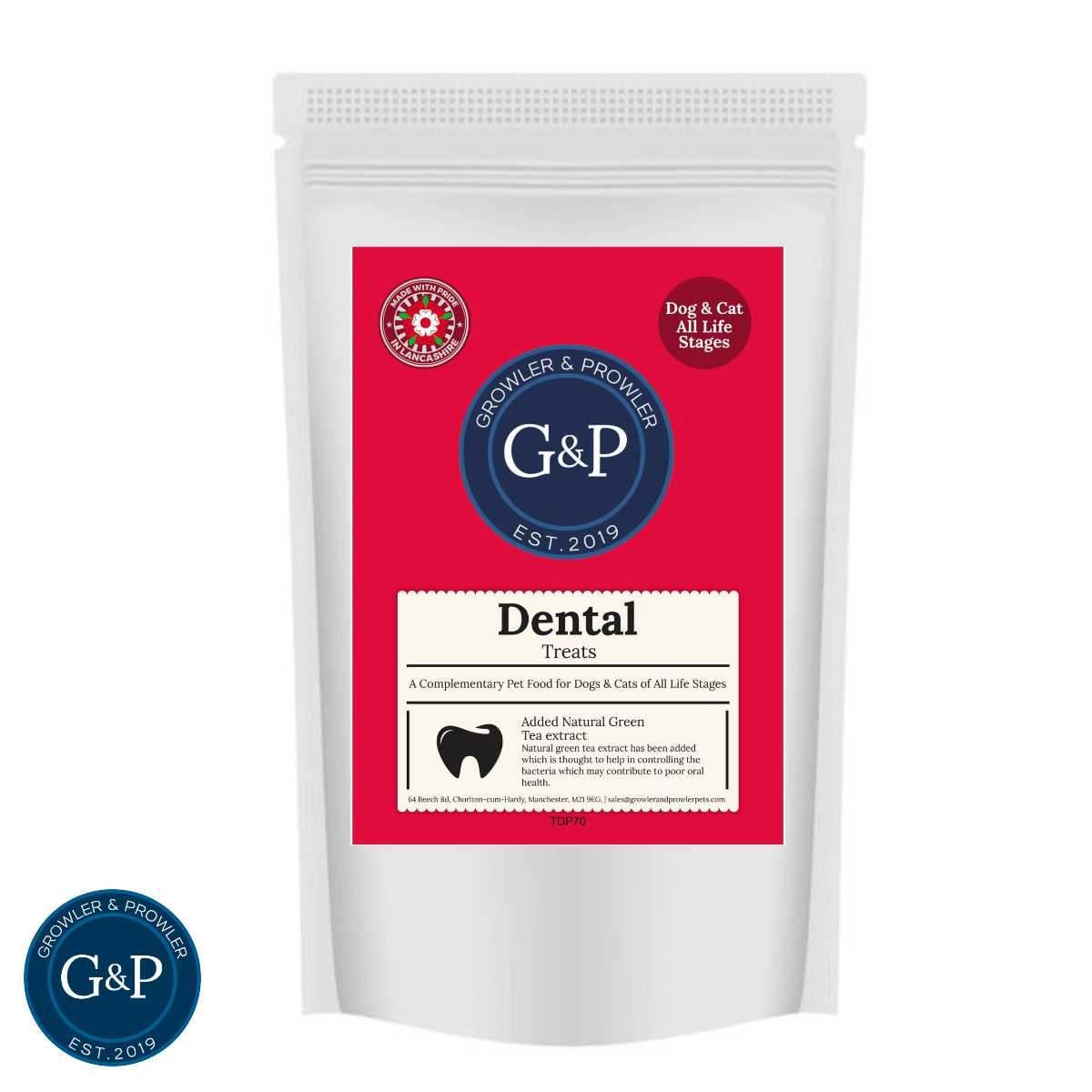 Growler & Prowler Dental Functional Treats, a natural dog treat from Manchester, UK. These treats are designed to support healthy dental hygiene for dogs and cats of all ages, with added natural green tea extract to help control bacteria.