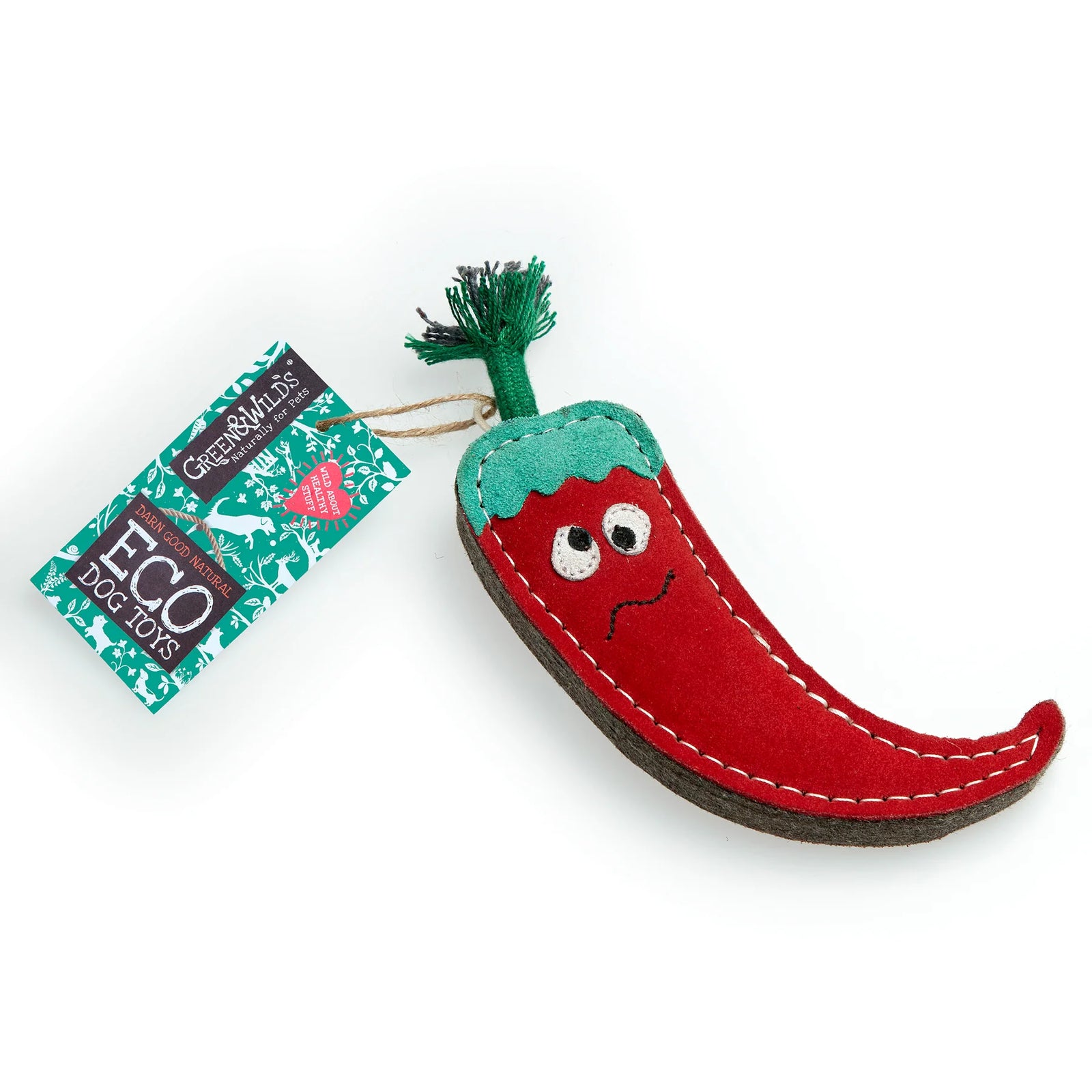 Eco Chilli Toy from Green & Wilds, a natural and durable dog toy shaped like a chilli pepper. Perfect for chewing, tugging, and interactive play.