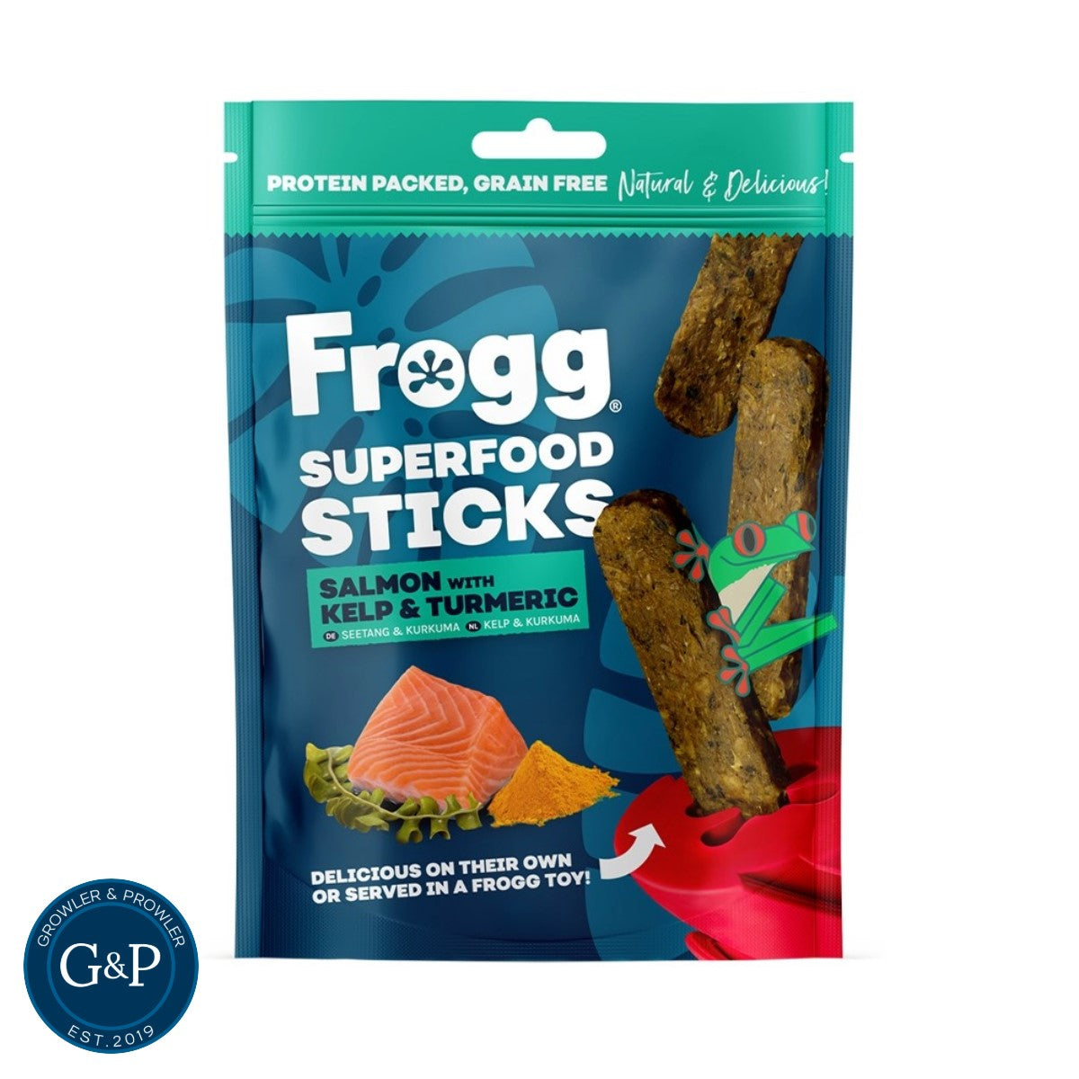 Frogg Salmon Superfood Sticks: Protein-packed, grain-free dog treats with salmon, kelp, and turmeric. Available at Growler & Prowler Manchester.