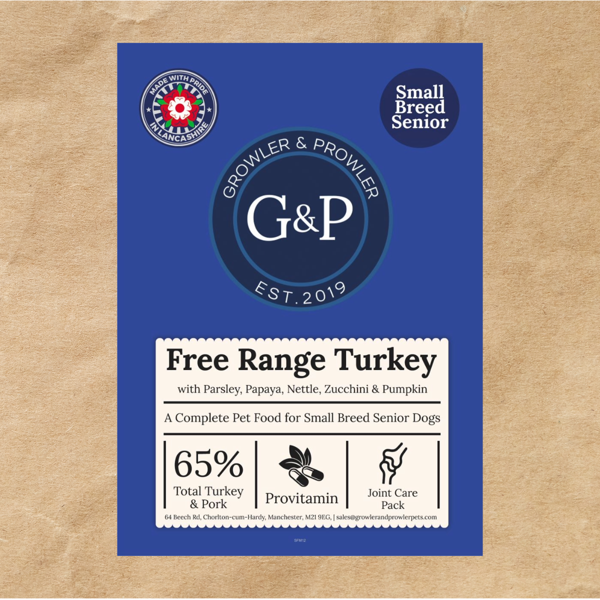 A bag of Superfood Senior Small Breed Free Range Turkey dog food from Growler and Prowler, featuring 65% free-range turkey and a variety of fresh vegetables.