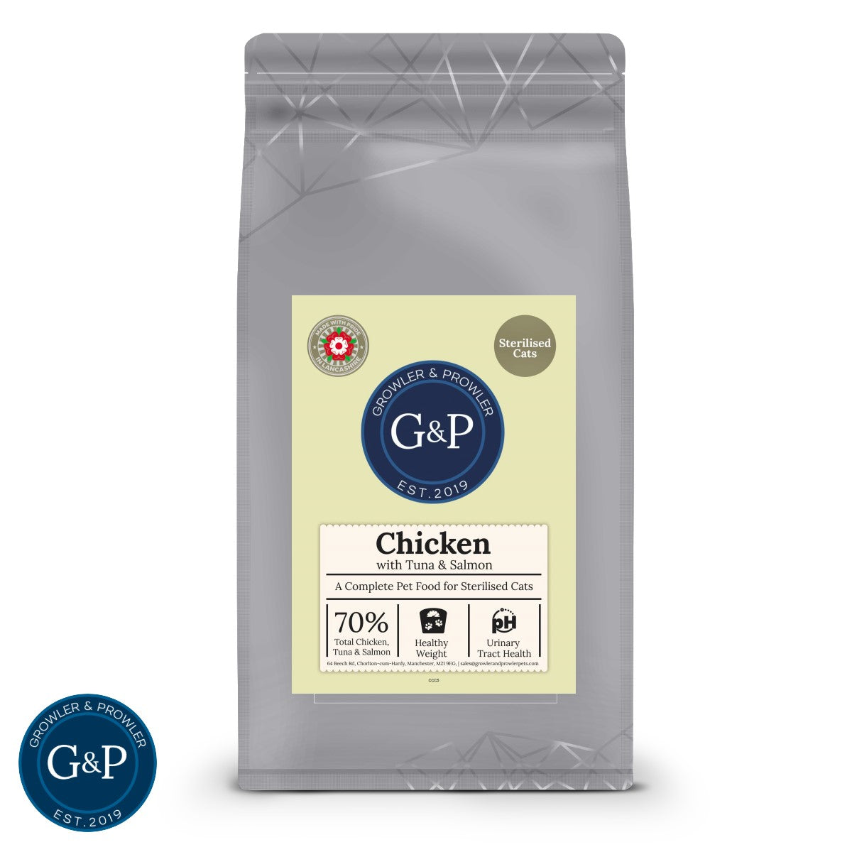 Growler and Prowler chicken with tuna and salmon cat food – a natural blend of premium ingredients made for cats, from a Manchester-based pet food company specialising in healthy, nutritious treats.
