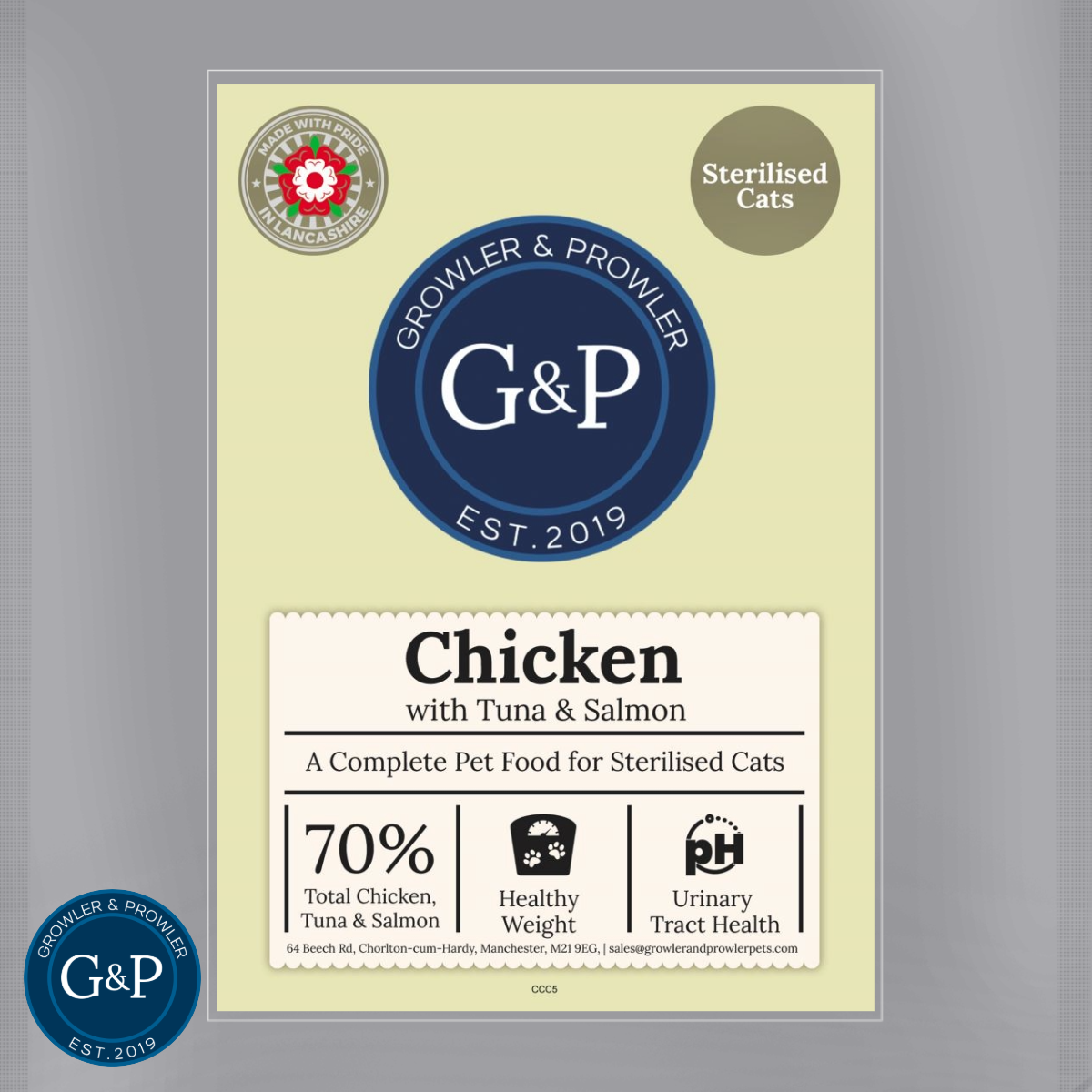 Growler and Prowler chicken with tuna and salmon cat food – a natural blend of premium ingredients made for cats, from a Manchester-based pet food company specialising in healthy, nutritious treats.