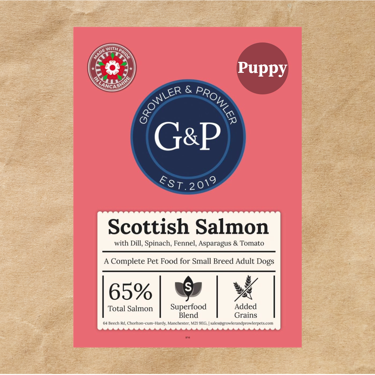 A bag of Superfood Puppy Scottish Salmon dog food from Growler and Prowler, featuring 65% Scottish salmon and a variety of fresh vegetables.