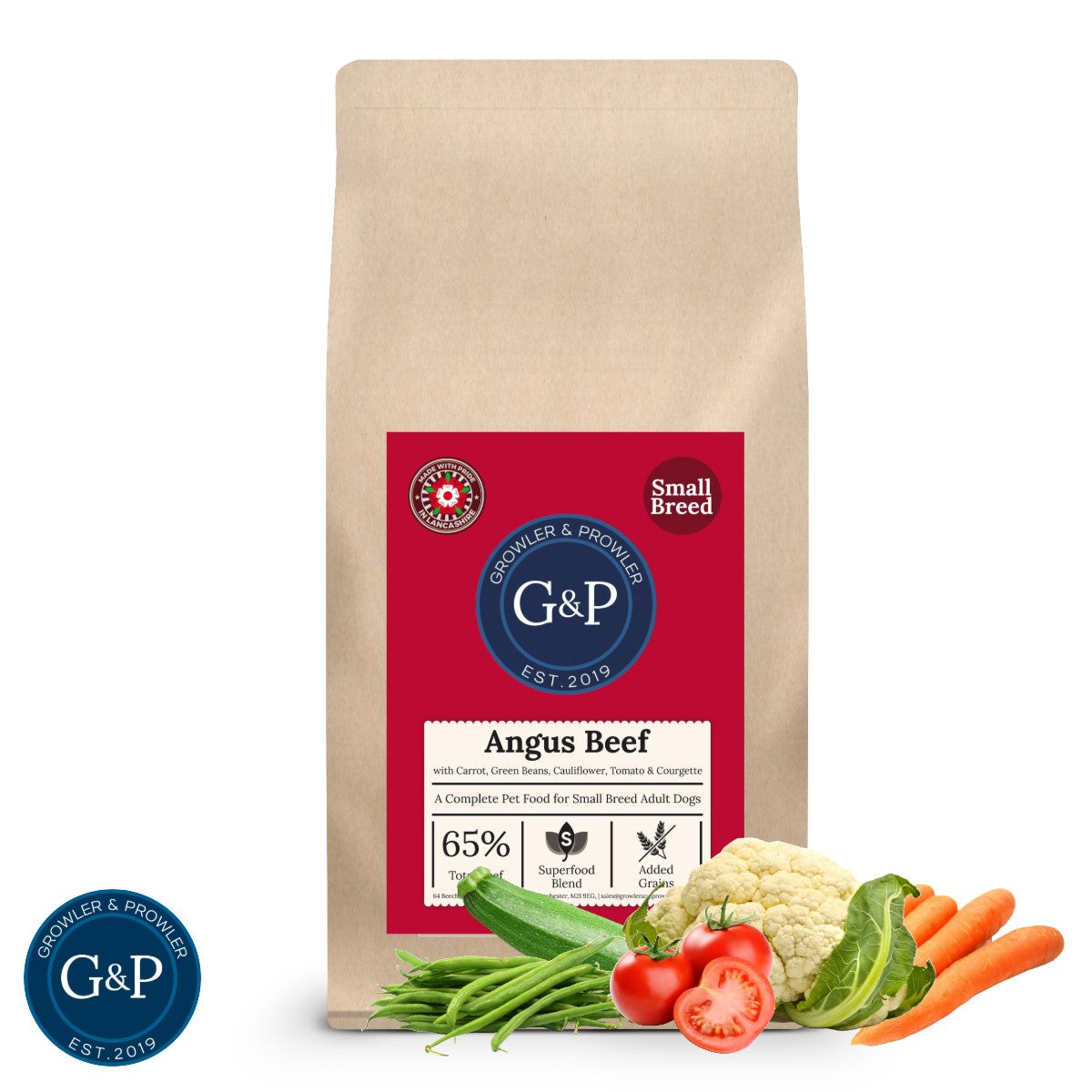 A high-quality dog food specifically formulated for small breeds, featuring Angus beef, carrots, green beans, cauliflower, tomato, and other natural ingredients. Available at Growler & Prowler based in Manchester.