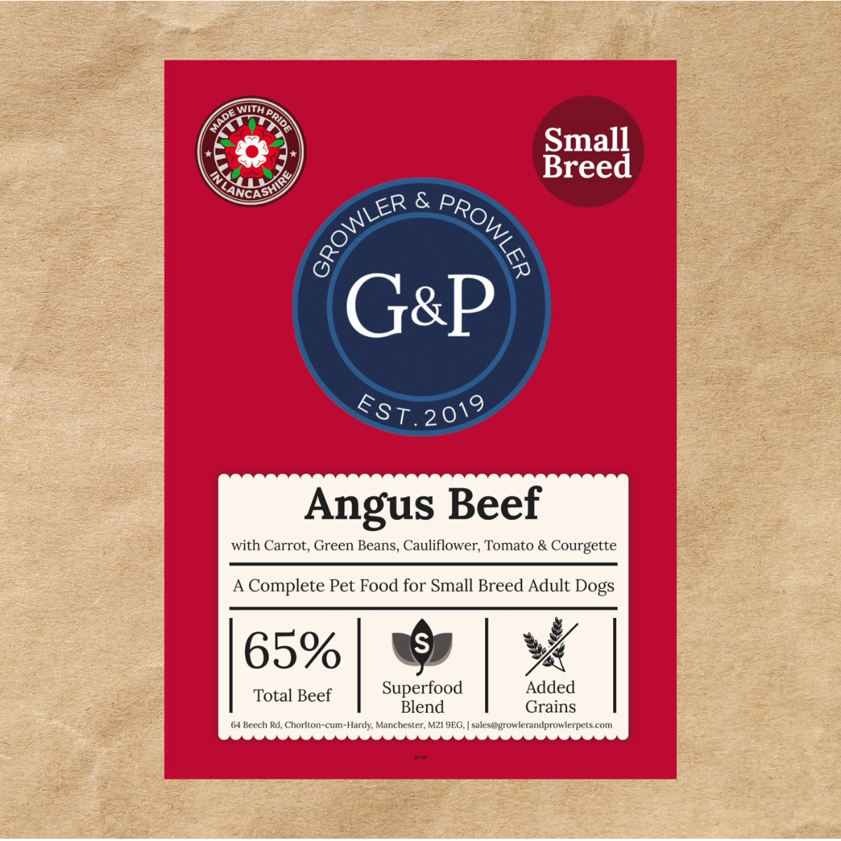 A high-quality dog food specifically formulated for small breeds, featuring Angus beef, carrots, green beans, cauliflower, tomato, and other natural ingredients. Available at Growler & Prowler based in Manchester.