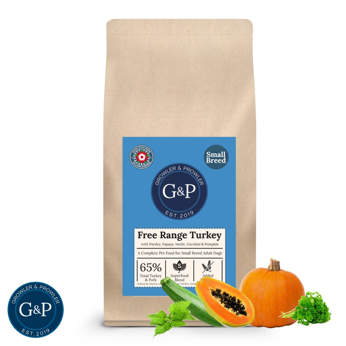 A healthy and balanced meal for small breed dogs from Growler and Prowler, packed with essential nutrients and made with real free-range turkey. The bag shows the ingredients, the brand logo, and the "Superfood Small Breed Dog" label.