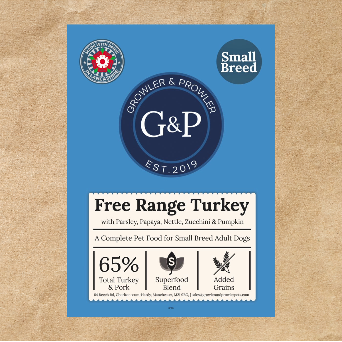 A healthy and balanced meal for small breed dogs from Growler and Prowler, packed with essential nutrients and made with real free-range turkey. The bag shows the ingredients, the brand logo, and the "Superfood Small Breed Dog" label.