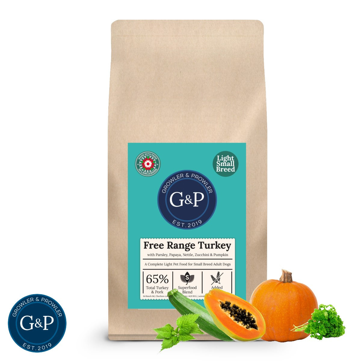 A healthy and balanced meal for small breed dogs from Growler and Prowler, based in Manchester. Packed with essential nutrients and made with real free-range turkey, this light formula is perfect for smaller dogs. The bag shows the ingredients, the brand logo, and the "Superfood Small Breed Dog" label.