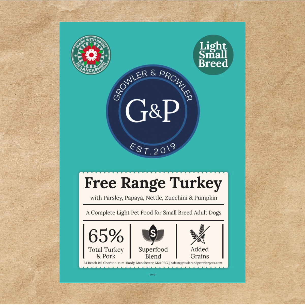 A healthy and balanced meal for small breed dogs from Growler and Prowler, based in Manchester. Packed with essential nutrients and made with real free-range turkey, this light formula is perfect for smaller dogs. The bag shows the ingredients, the brand logo, and the "Superfood Small Breed Dog" label.