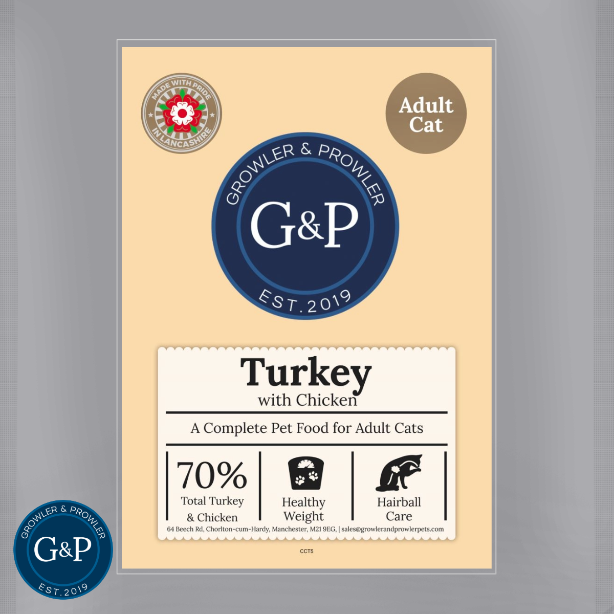 Packaging of Growler and Prowler's turkey with chicken cat food, featuring a natural dog treats company logo from Manchester, with images of fresh ingredients including turkey and chicken.
