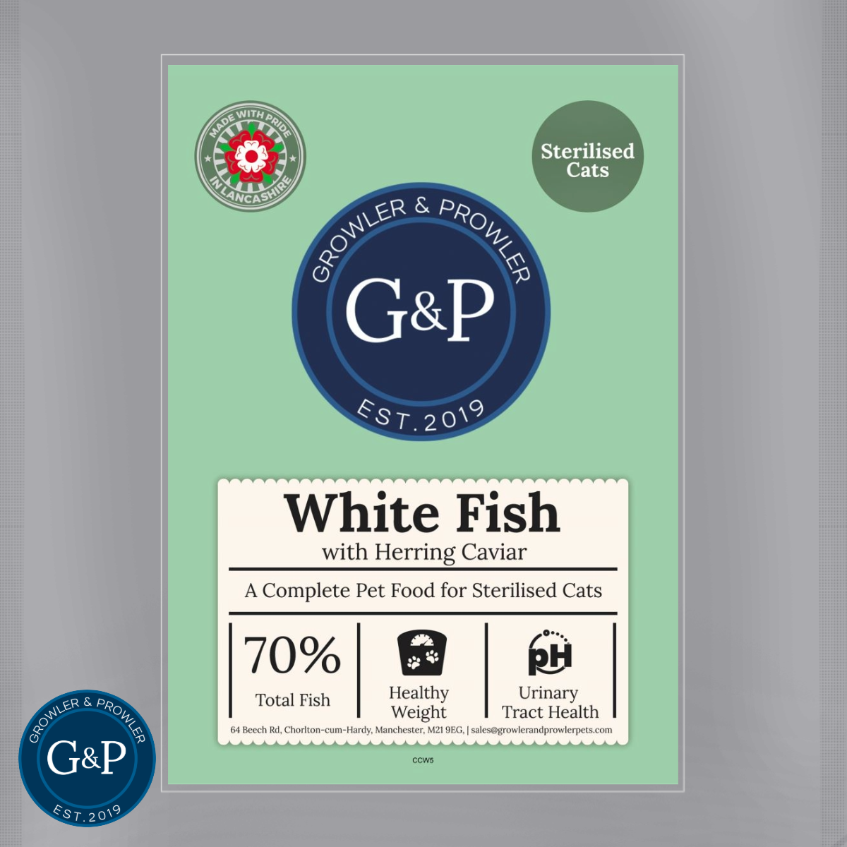Packaging of Growler and Prowler's White Fish with Herring Caviar cat food. The natural cat treat, produced by a Manchester-based company, features white fish and herring caviar as key ingredients, promoting healthy nutrition for pets.