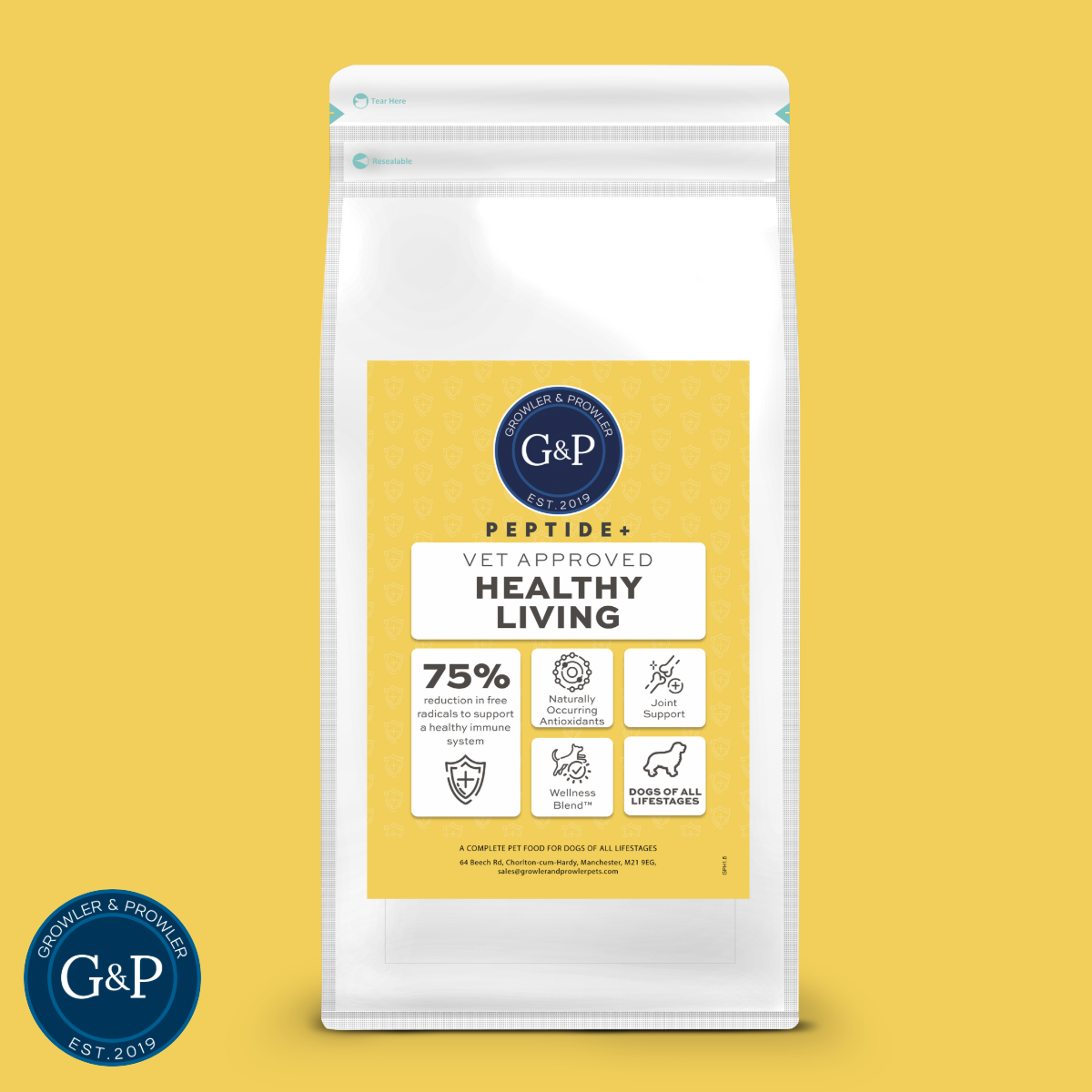 Healthy Living Peptides Vet Approved Dog Food Kibble. Available at Growler and Prowler Pets in Manchester.