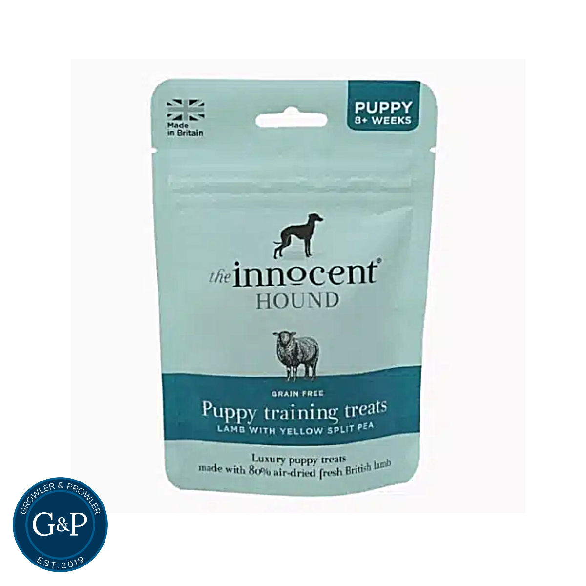 A bag of Innocent Hound grain-free puppy training treats made with lamb and yellow split peas. Made in Britain with 80% air-dried fresh British lamb. Luxury puppy treats from Growler & Prowler.
