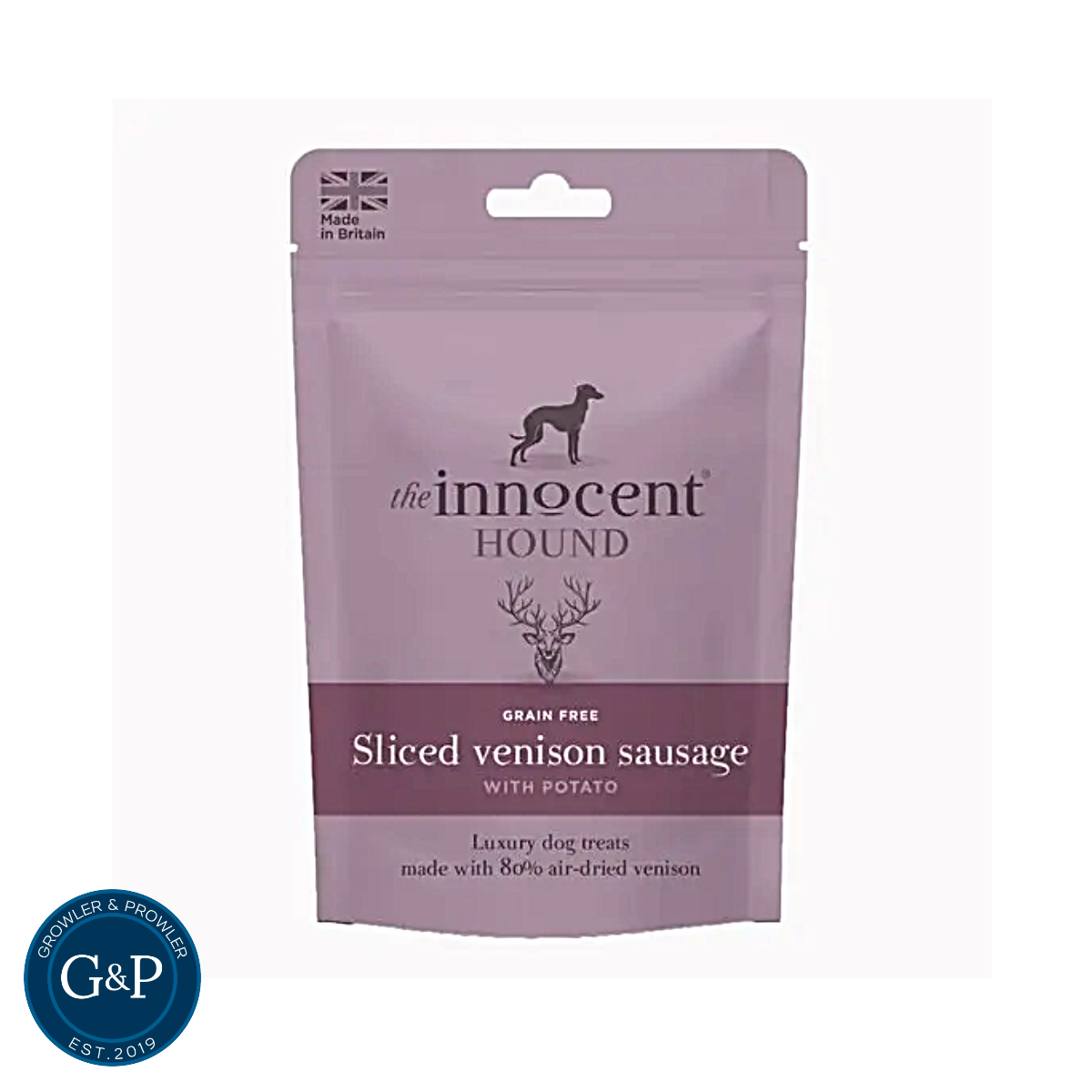 A bag of Innocent Hound grain-free sliced venison sausage with potato dog treats. Made in Britain with 80% air-dried venison. Luxury dog treats from Growler & Prowler.