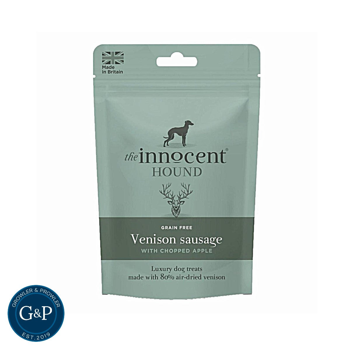 A bag of Innocent Hound grain-free venison sausages with chopped apple dog treats. Made in Britain with 80% air-dried venison. Luxury dog treats from Growler & Prowler.