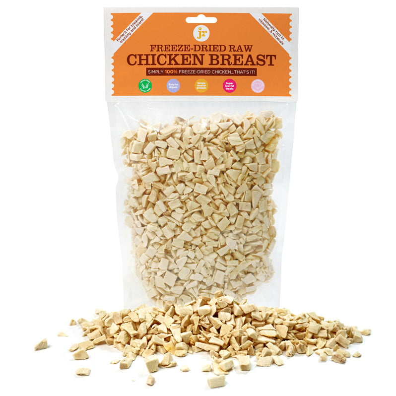 Jr Freeze Dried Chicken Breast Dog Treats. A natural dog treat that is 100% freeze dried flake of chicken breast.  A super low, high protein and low odour dog treat that is great for all dogs especially on a allergy diet. Available in Manchester at Growler and Prowler Pets.