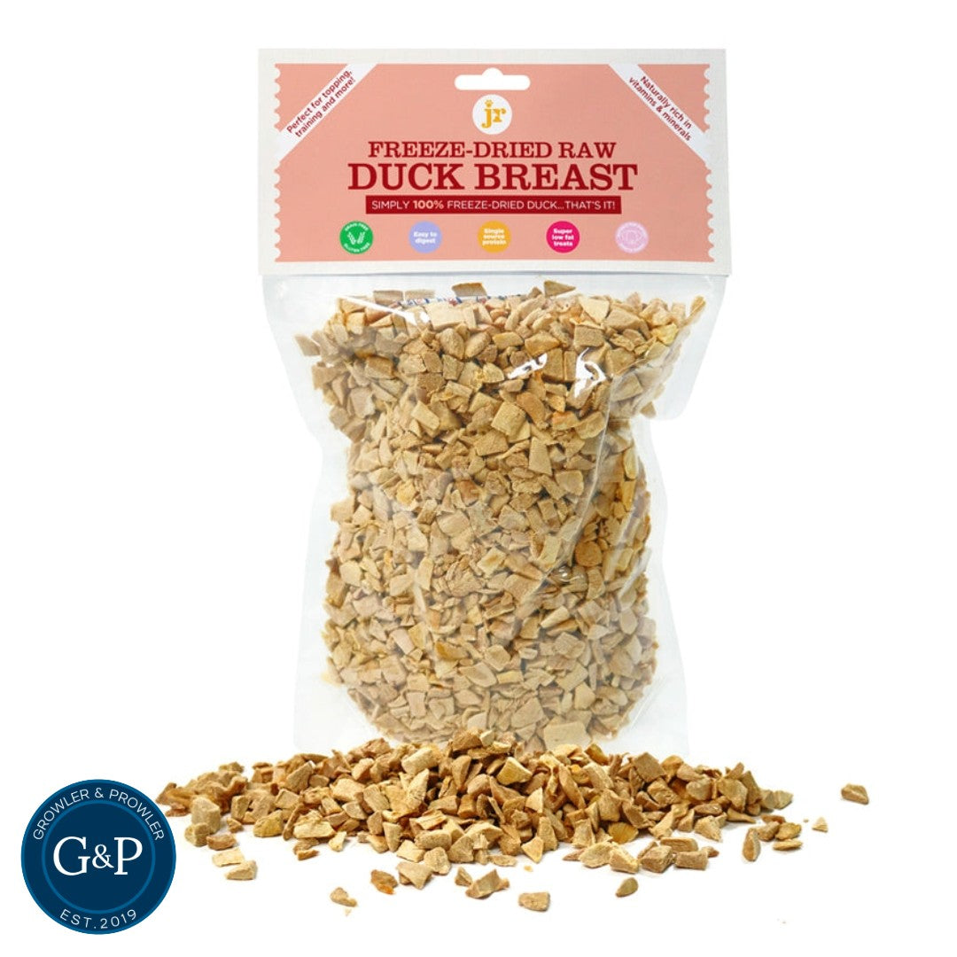 Jr Freeze Dried Duck Breast dog treat. 1005 natural freeze dried duck breast that is super low fat, high in protein and low odour. Great for walks and training or as everyday treat. Available in Manchester at Growler and Prowler Pets.