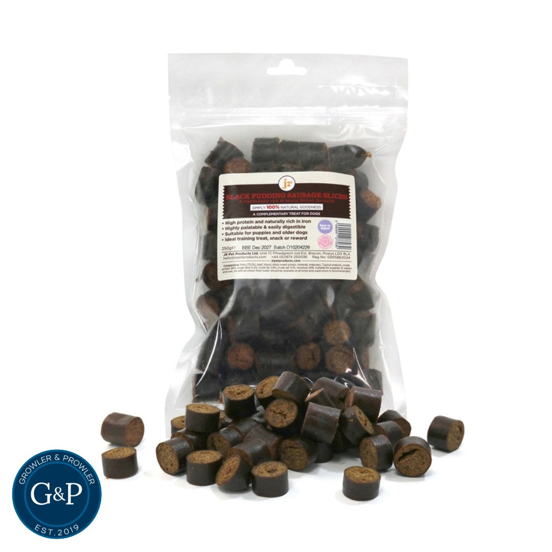 Jr Pets Premium Black pudding sliced sausages dog treats, Great for dog walks, training and yummy treat. Available in Manchester at Growler and Prowler Pets.