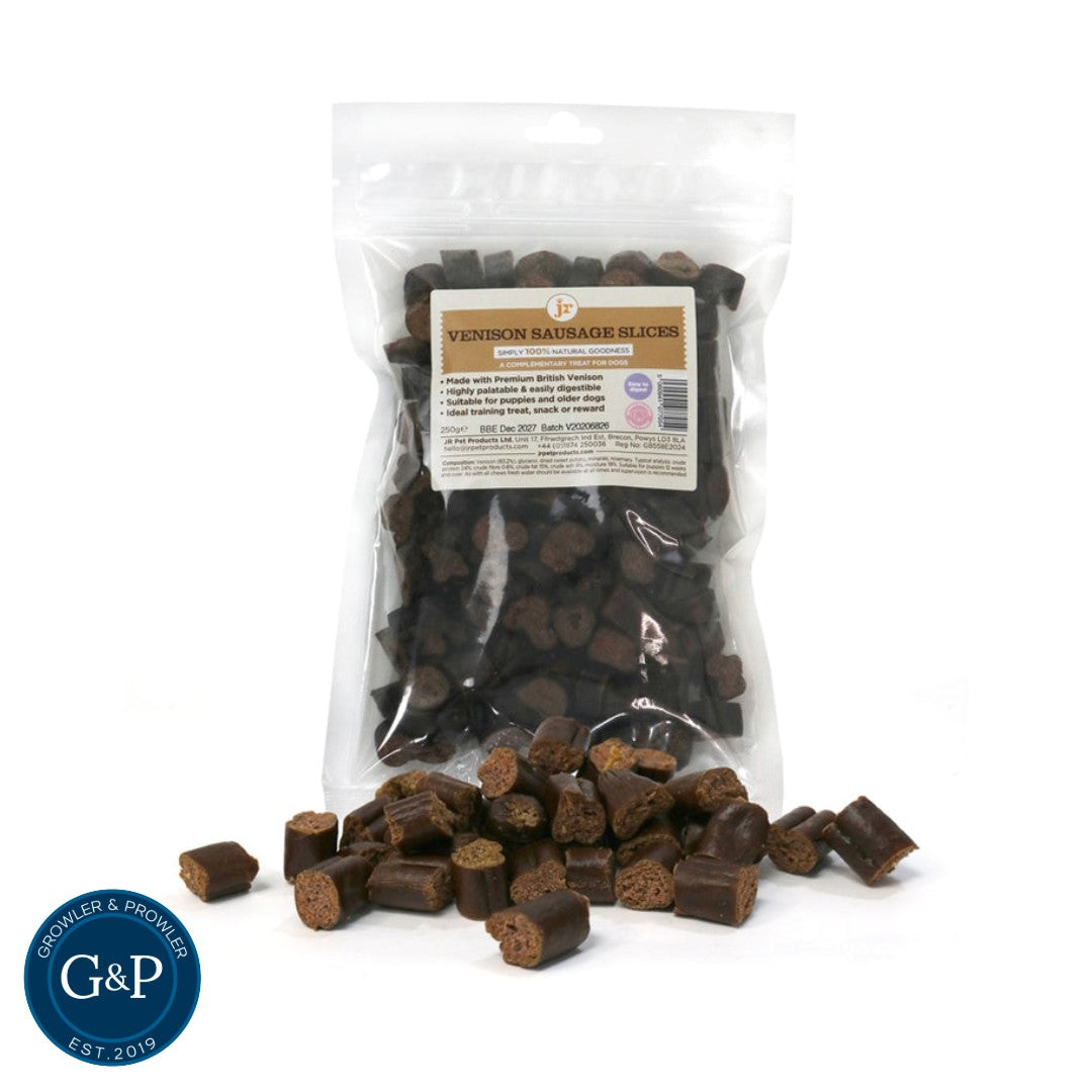Jr Pets Premium Venison Sliced Sausages dog treats. The ideal treat for dogs on walks, training or just plain and simple yummy natural treat. Available at Growler and Prowler pets in Manchester