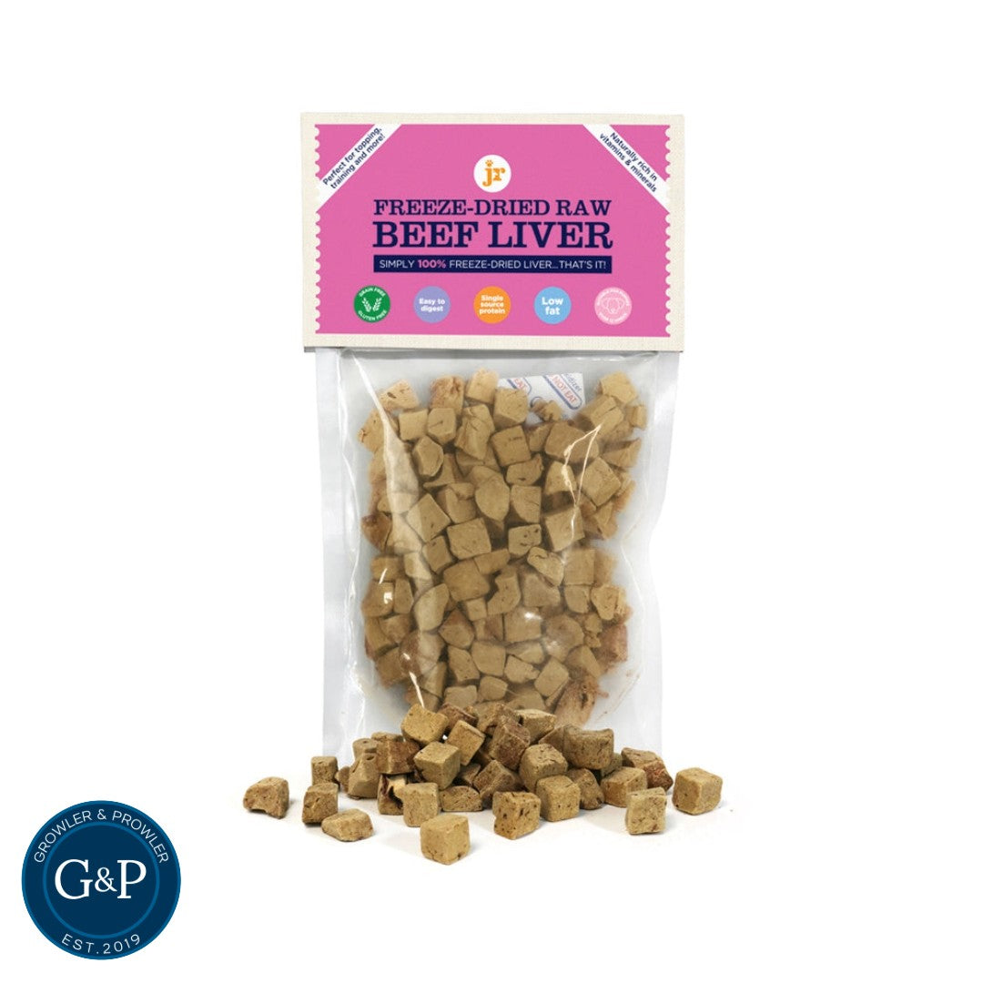 Jr Freeze Dried Beef Liver Dog Treats. A super low fat, high protein and low odour dog treat that is great for all dogs and dogs who are on an allergy diet. Available in Manchester at Growler and Prowler Pets.