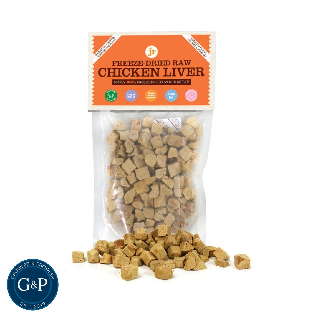 Jr Freeze dried chicken liver dog treats. A low at, low odour natural dog treat that is perfect for walks and training. Available in Manchester at Growler and Prowler Pets.