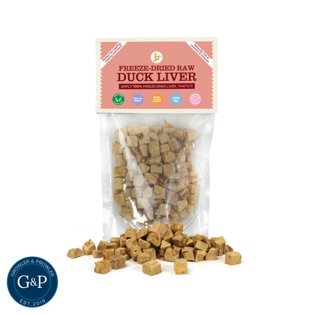 Jr Freeze Dried Duck Liver dog treats. A great low fat and high protein natural dog treat that is low odour. Available in Manchester at Growler and Prowler Pets.